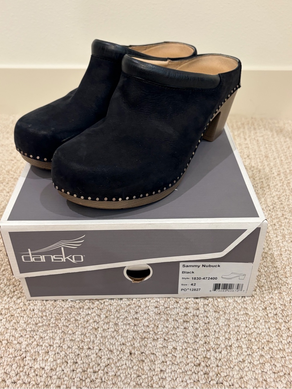 Dansko Black Nubuck Studded Clog Mules